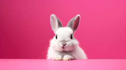 Fluffy Bunny in front of a hot pink Wallpaper. Blank Background with Copy Space