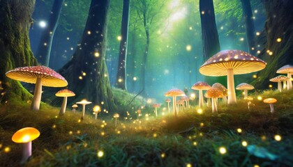 a landscape with magical mushrooms glowing and shining at dusk with fireflies and particles around and a dark forest of bondo with trees fairy tale scenario for a fantasy story or a wallpaper - obrazy, fototapety, plakaty