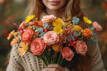 man presenting bouquet of flowers to woman,st valentine's day