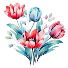 Obraz na płótnie Canvas A vibrant and detailed watercolor illustration of blooming tulips with lush green leaves.