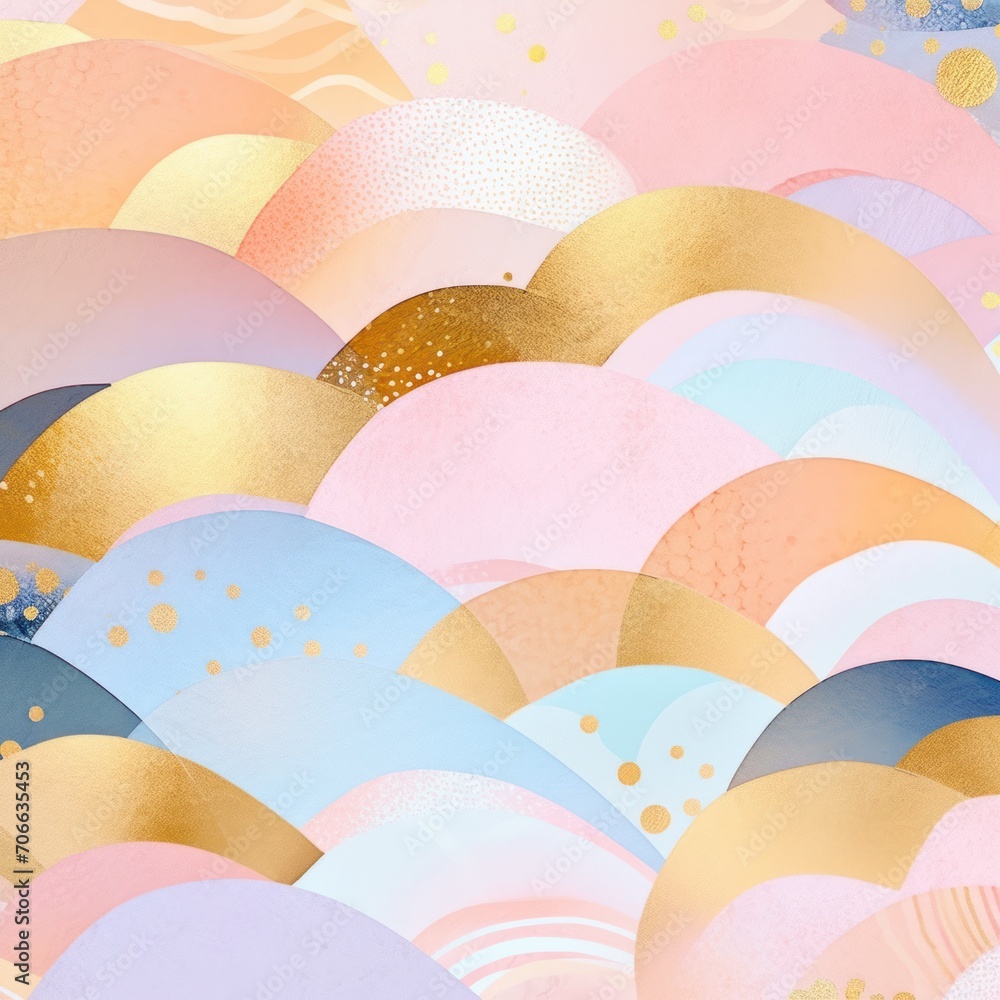 Poster a luxurious abstract pattern with scalloped edges and delicate gold flecks on a multicolored backgro