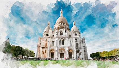 beautiful digital watercolor painting of the sacre coeur in paris france