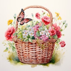 A charming illustration of a wicker basket filled with vibrant flowers and fluttering butterflies.