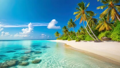 Fototapeta na wymiar maldives island beach tropical landscape of summer paradise white sand coconut palm trees calm sea bay luxury travel vacation destination exotic beach island amazing nature inspire relaxation