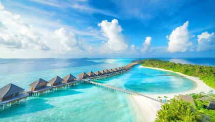 perfect aerial landscape luxury tropical resort or hotel with water villas and beautiful beach...