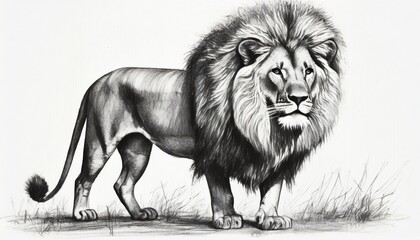 male lion with big shaggy mane illustration hand drawn pencil sketch in black isolated on white background nature clip art detailed drawing of single lion standing big cat from africa