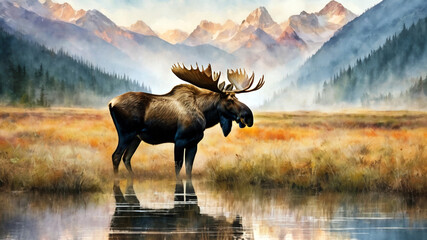 moose, mountains, double exposure - obrazy, fototapety, plakaty