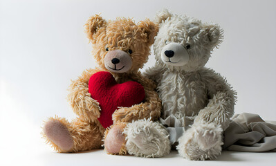 File with white background, two cute teddy bears holding a heart on white background,