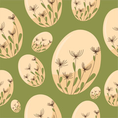 Easter eggs pattern with botanical ornament on light green background. Seamless vector. For festive decor, home textiles.