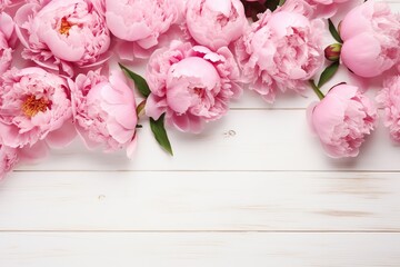 Flat lay of pink peony flowers with copyspace on wooden background