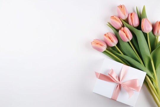 Flat lay of gift box with ribbon bow and bouquet of tulips on white background. Mother's Day concept