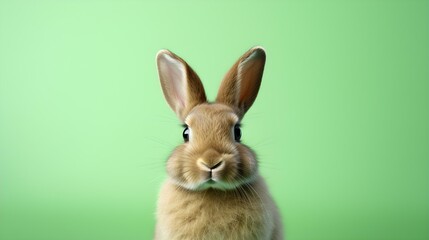 Fluffy Bunny in front of a light green Wallpaper. Blank Background with Copy Space