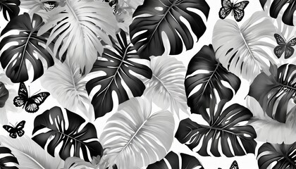 abstract black and white tropical background seamless wallpaper with black monstera leaves white tropical leaves butterflies luxury design for fabric paper packaging merchandise