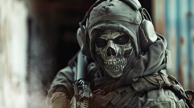 Highly skilled special operations elite soldier wearing a skull mask, weaponized and headset coms
