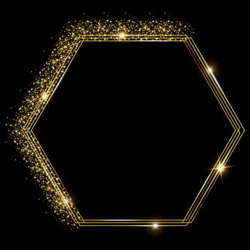 Vector template of shining gold frame, background with glitter for Christmas celebration party, New Year card, wedding, bachelorette party, baby shower party, logo, casino, birthday.