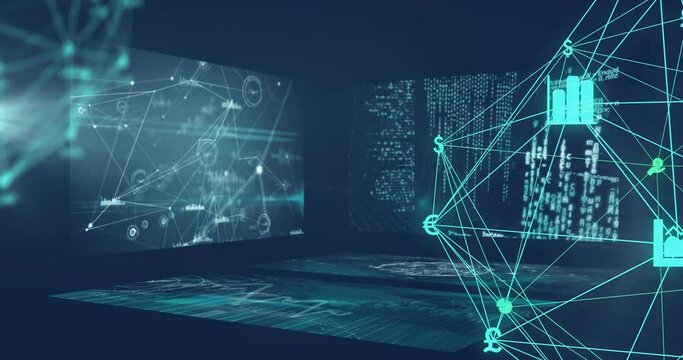 Animation of network of connections and data processing on black background