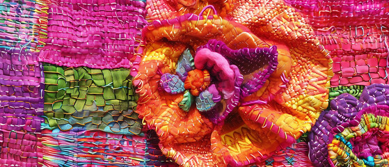 Um close de uma peça contemporânea de arte têxtil, inspirada nos princípios da Arte em Fibra, com padrões intricados e texturas criadas através de tecelagem e mídias mistas.