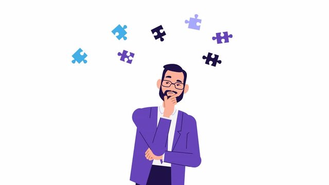 Man thinking and looking for answer. shrugs his shoulders. uncertainty, question, no solution concept. Character animation. hopelessness, despair, frustration. puzzled person motion design.