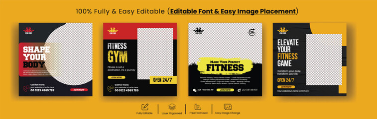 Set of social media posts banner for Gym and fitness workout, sports training, yoga class web banner template pack and promotional marketing advertising template bundle
