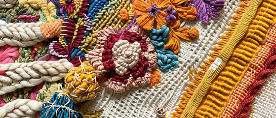 Um close de uma peça contemporânea de arte têxtil, inspirada nos princípios da Arte em Fibra, com padrões intricados e texturas criadas através de tecelagem e mídias mistas.