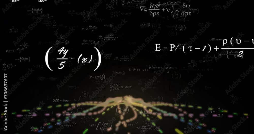 Poster animation of mathematical data processing over light trails on black background