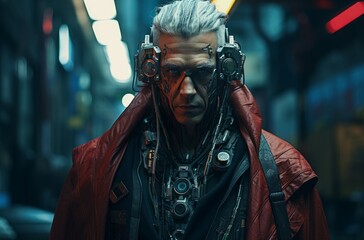 Cybernetic Man cyberpunk style. Handsome serious male face with neon illumination. Generate ai - obrazy, fototapety, plakaty