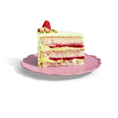 Piece of raspberry tart, cream and pistachio on a pink plate with transparent background and shadow