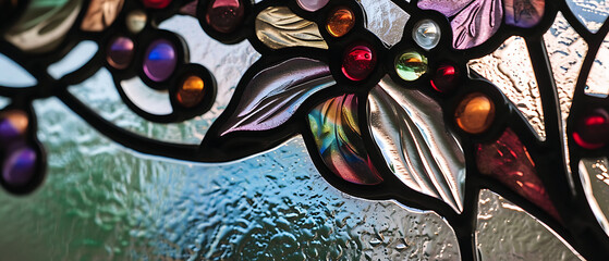 Um close-up de uma vitral Art Nouveau detalhado e intrincado, com formas orgânicas e linhas fluidas inspiradas pela natureza