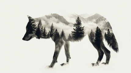 silhouette of wolf with double exposure