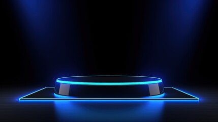 Close up empty black podium of product display in dark scene with line vertical blue neon light on background. Vector illustration. Generative Ai