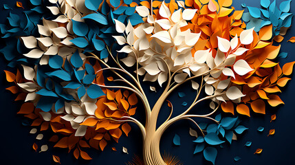 Colorful tree with leaves on hanging branches. Illustration background