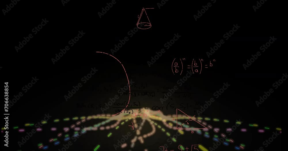 Poster animation of mathematical data processing over light trails on black background