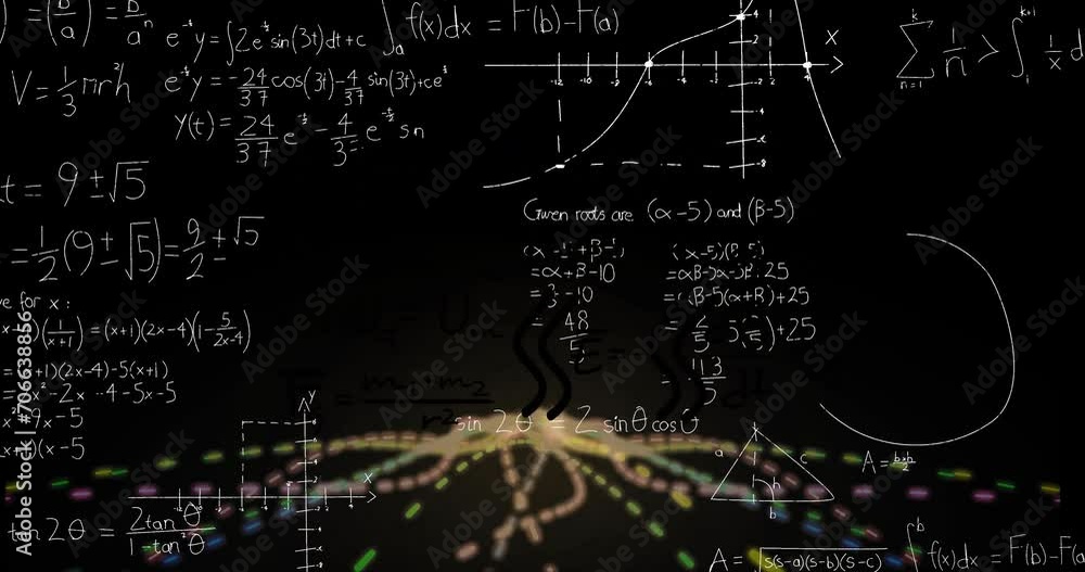 Poster animation of mathematical data processing over light trails on black background