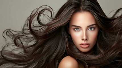 Naklejka premium Beautiful Brunette Girl. Healthy Long Hair fully paving the backgrounds, shiny and smooth texture.