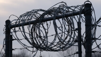 Grim, depressing and bleak grey view of sharp razor wire rolls on top of barbed wire fence