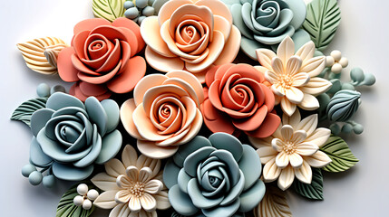 Colourful 3d clay flowers with wedding roses and pearls patterns