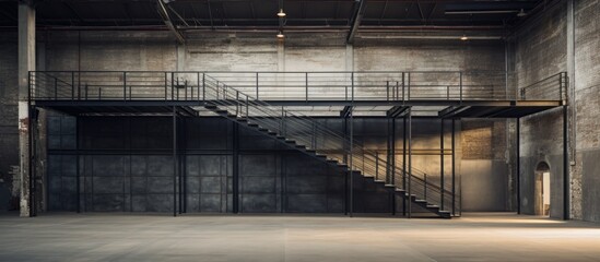 Contemporary empty warehouse turned storehouse with metallic structure and staircase to upper level.