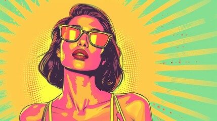 Beautiful 90s Woman Upper Body Summer Vintage Comic Style Poster Background - 1990s Girl Cartoon Summer Wallpaper created with Generative AI Technology