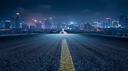 An asphalt road leading into the city at night, captured with selective focus to highlight the...