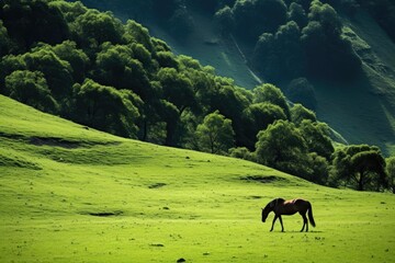 Solitary horse grazing in a lush meadow