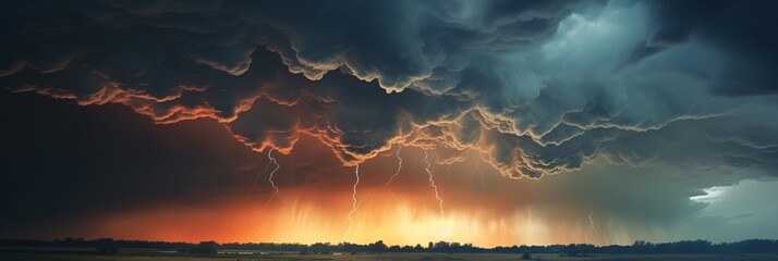 dramatic huge clouds of thunderstorm on sky with sunset