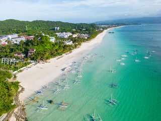 Aerial view of Boracay Island, White Beach, Western Visayas, Philippines.