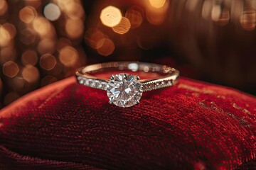 Sparkling diamond ring elegantly displayed on a velvet cushion