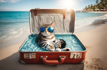 an open travel suitcase filled with water, in which a cute cat wearing sunglasses is sitting