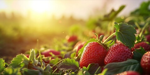 As the Sun Sets, a Lush Strawberry Field Flourishes: Organic Farming Yields Fresh, Ripe Berries, Natures Bounty, Generative AI - obrazy, fototapety, plakaty