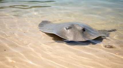 A stingray gliding in the water near the shore