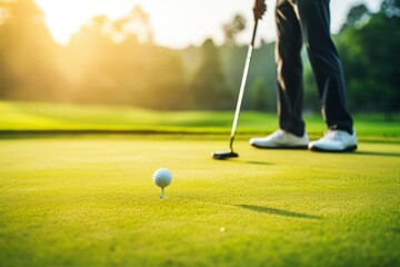 Golf ball on the golf course with player in the background. In the evening