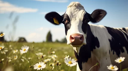 Gordijnen Cute cow on a meadow © Hussam