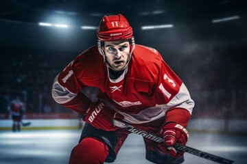 Close-up view of a red-clad ice hockey player