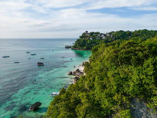 Aerial view of Boracay Island, White Beach, Western Visayas, Philippines.